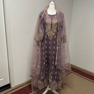 Purple and Cream Embroidered Maxi Anarkali Salwar Kameez Three-Piece Size. Large